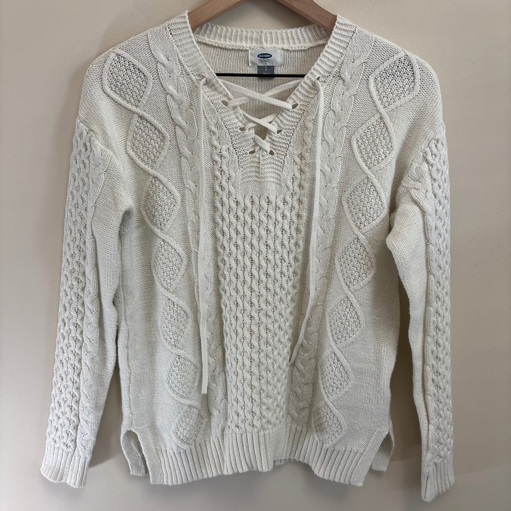 Old Navy Womens Cream Cable Knit Lace Up V-Neck Sweater Small White Boho